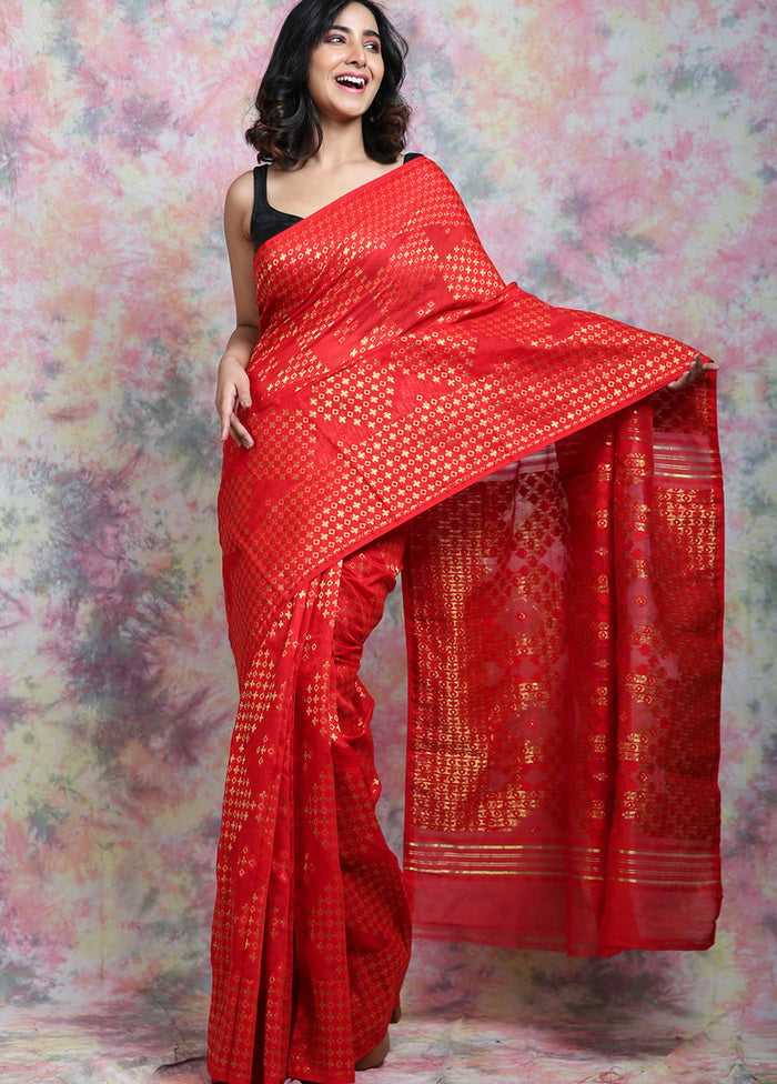 Red Jamdani Geometric Design Woven Saree - Indian Silk House Agencies