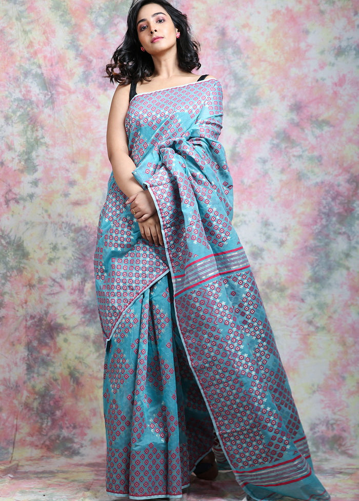 Sky Blue Jamdani Geometric Design Woven Saree - Indian Silk House Agencies