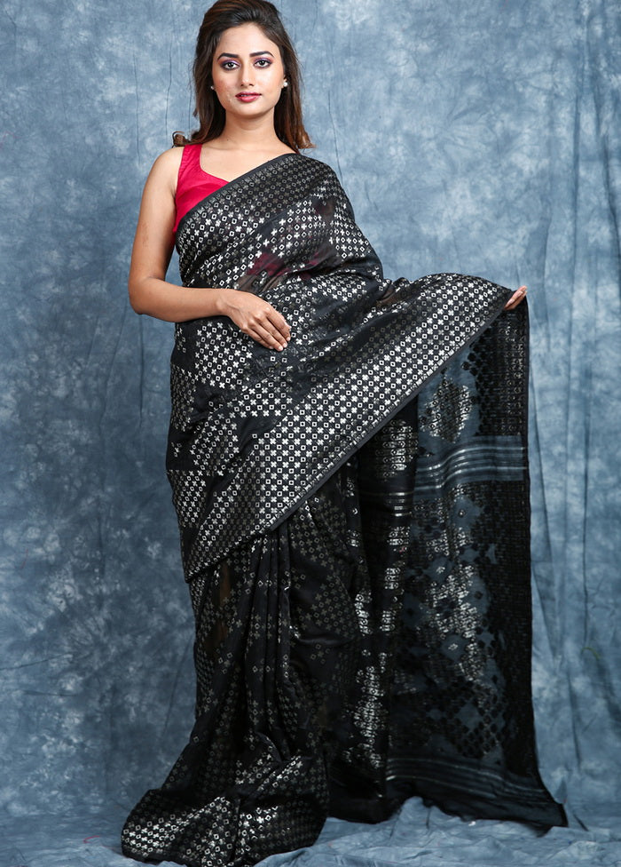 Black Jamdani Geometric Design Woven Saree - Indian Silk House Agencies