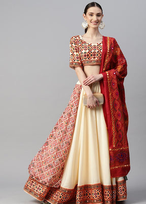 3 Pc Cream Crepe Semi Stitched Lehenga Set - Indian Silk House Agencies