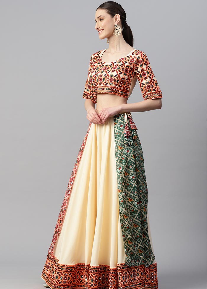 3 Pc Cream Crepe Semi Stitched Lehenga Set - Indian Silk House Agencies