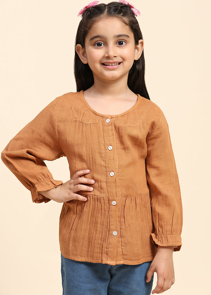 Brown Cotton Three Fourth Sleeves Round Neckshape Shirt