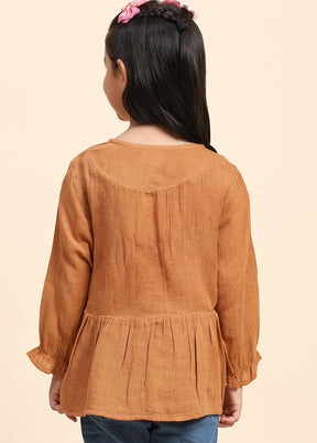 Brown Cotton Three Fourth Sleeves Round Neckshape Shirt