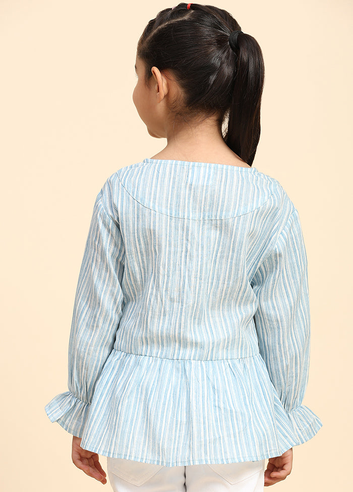 Sky Blue Cotton Three Fourth Sleeves Round Neckshape Shirt