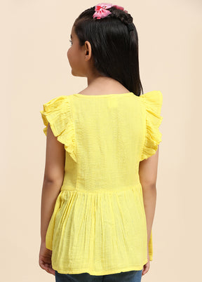 Yellow Cotton Short Sleeves V Neckshape Top