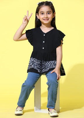 Black Rayon Short Sleeves V Neckshape Top