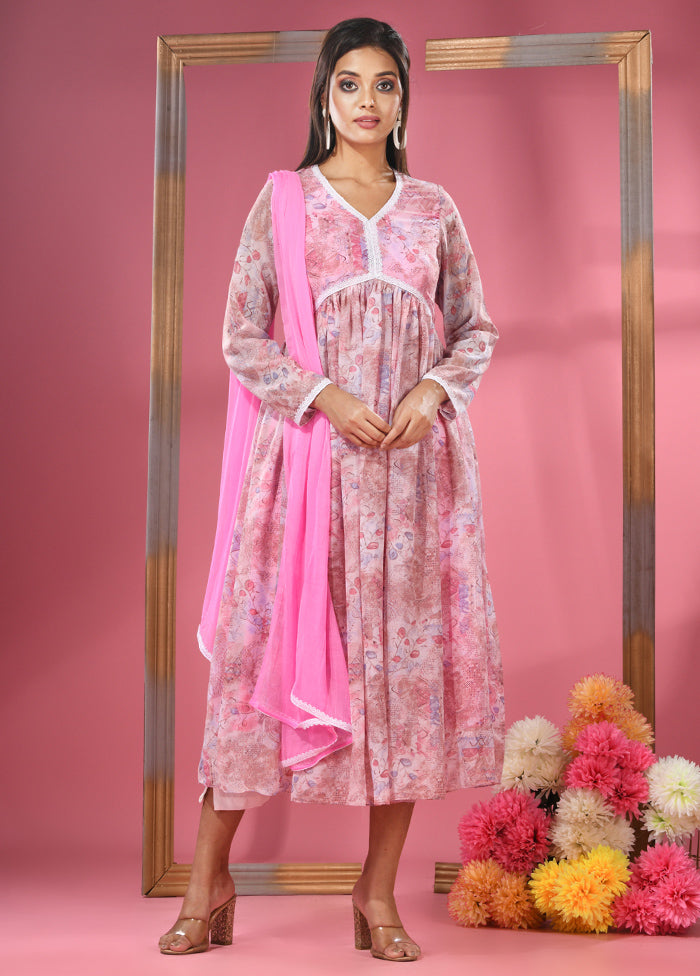 3 Pc Pink Readymade Georgette Suit Set - Indian Silk House Agencies