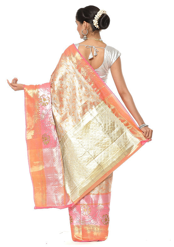 Light Peach Silk Zari Saree Without Blouse Piece - Indian Silk House Agencies