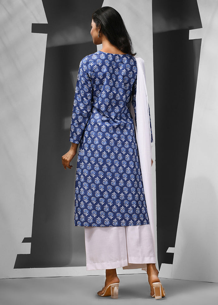 3 Pc Blue Readymade Cotton Suit Set - Indian Silk House Agencies