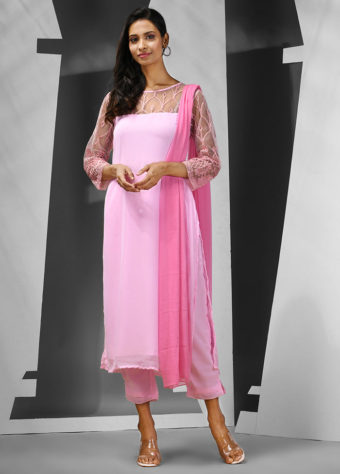 3 Pc Pink Readymade Georgette Suit Set - Indian Silk House Agencies