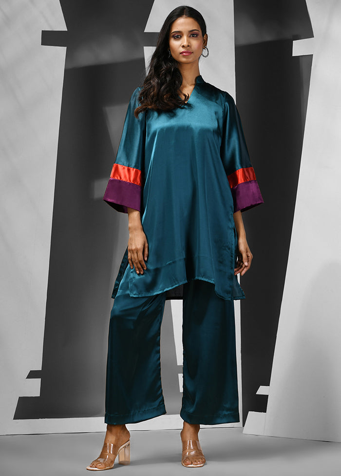 2 Pc Teal Readymade Silk Kurti Set - Indian Silk House Agencies