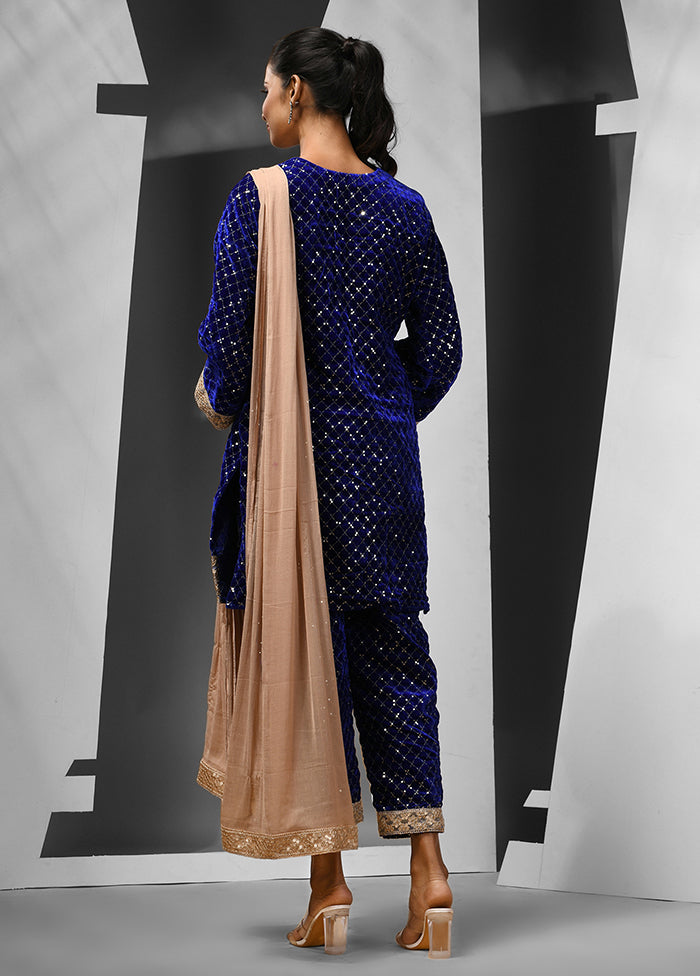 3 Pc Blue Readymade Velvet Suit Set - Indian Silk House Agencies