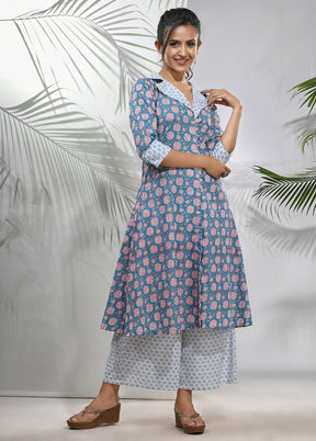 2 Pc Blue Readymade Cotton Kurti Set - Indian Silk House Agencies