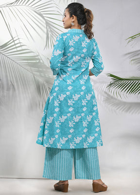 2 Pc Sky Blue Readymade Cotton Kurti Set