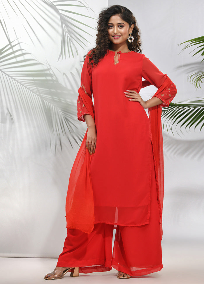 3 Pc Red Readymade Georgette Suit Set - Indian Silk House Agencies