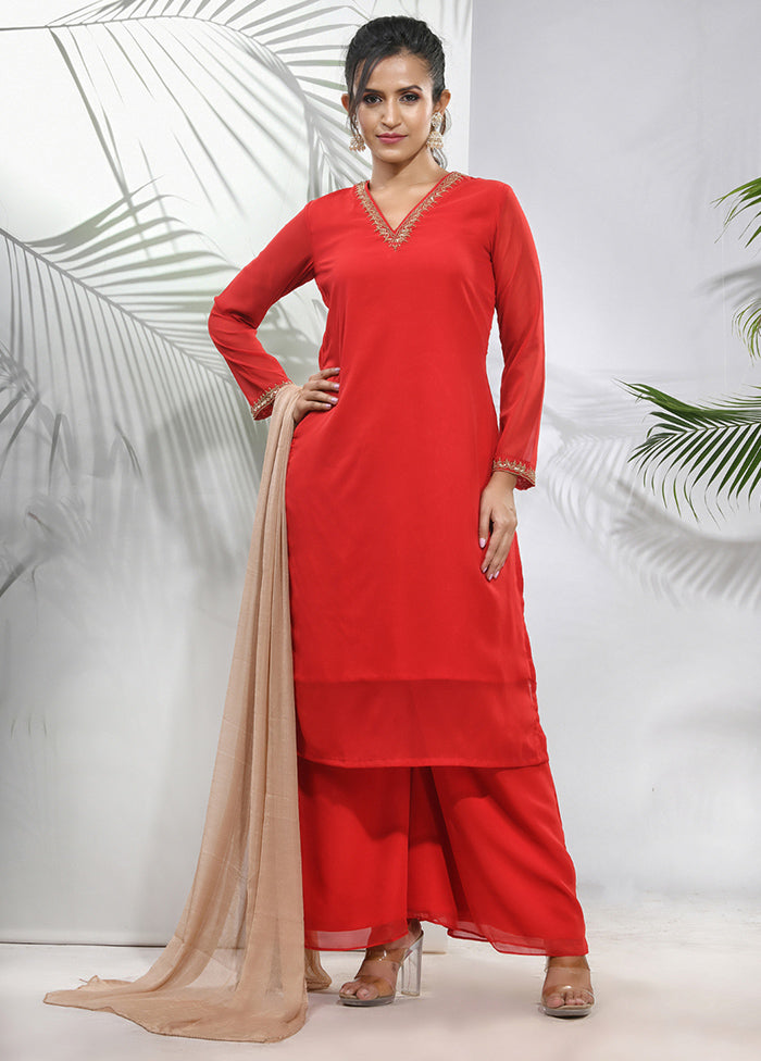 3 Pc Red Readymade Georgette Suit Set - Indian Silk House Agencies