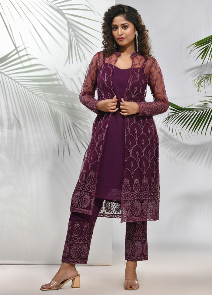 3 Pc Purple Readymade Georgette Net Jacket Suit Set - Indian Silk House Agencies