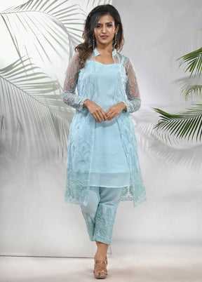 3 Pc Sea Green Readymade Georgette Net Jacket Suit Set - Indian Silk House Agencies