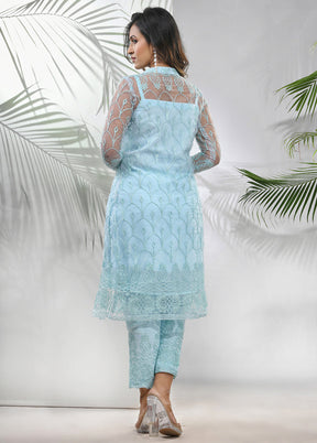 3 Pc Sea Green Readymade Georgette Net Jacket Suit Set - Indian Silk House Agencies