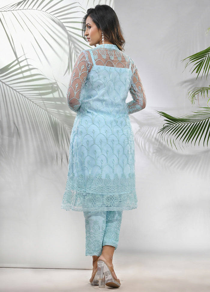 3 Pc Sea Green Readymade Georgette Net Jacket Suit Set - Indian Silk House Agencies