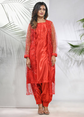 3 Pc Red Readymade Silk Net Jacket Suit Set - Indian Silk House Agencies