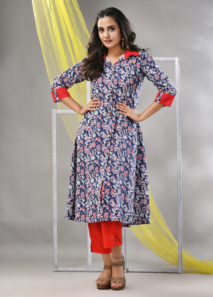 2 Pc Navy Blue Readymade Cotton Kurti Set - Indian Silk House Agencies