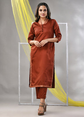 2 Pc Brown Readymade Silk Kurti Set