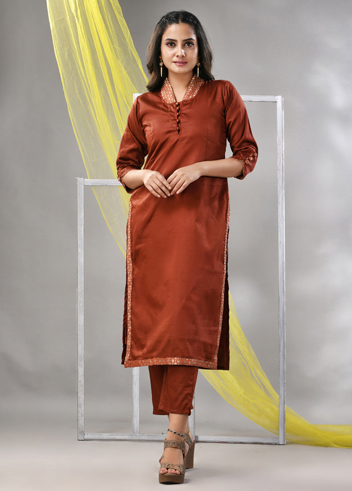 2 Pc Brown Readymade Silk Kurti Set - Indian Silk House Agencies