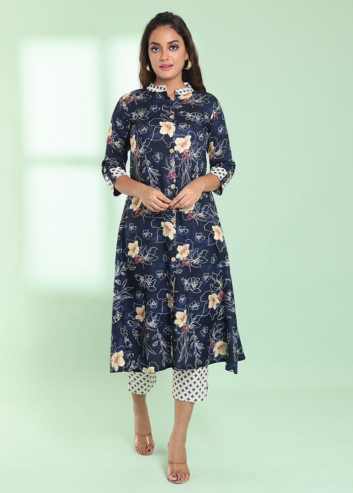 2 Pc Navy Blue Readymade Rayon Kurti Set