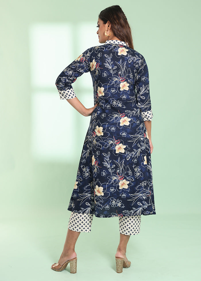 2 Pc Navy Blue Readymade Rayon Kurti Set