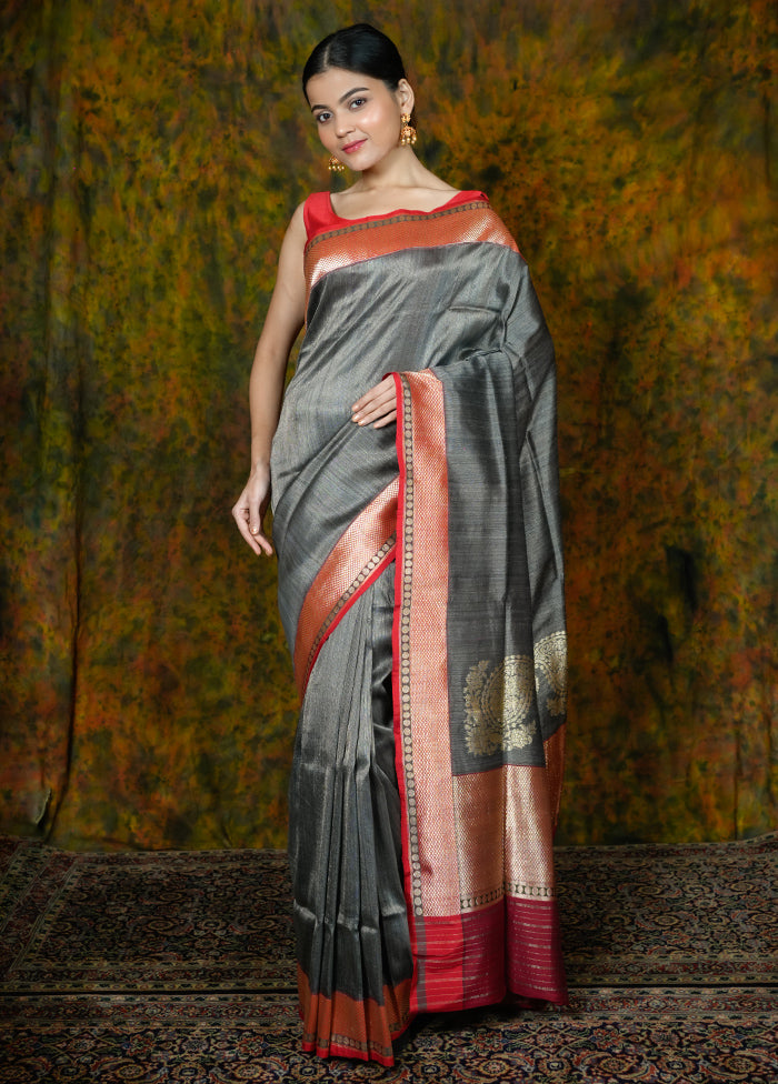 Grey Katan Pure Silk Saree With Blouse Piece