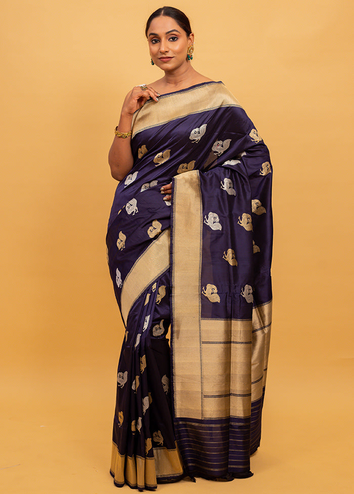 Navy Blue Katan Pure Silk Saree With Blouse Piece