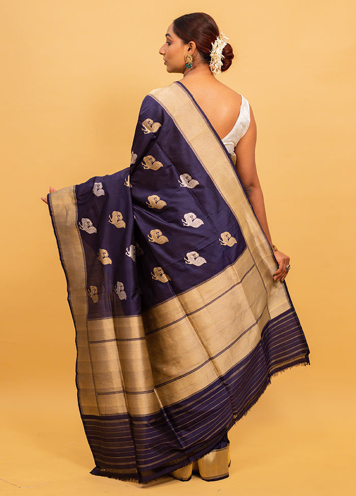 Navy Blue Katan Pure Silk Saree With Blouse Piece