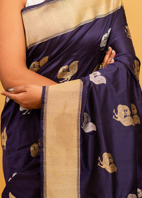 Navy Blue Katan Pure Silk Saree With Blouse Piece