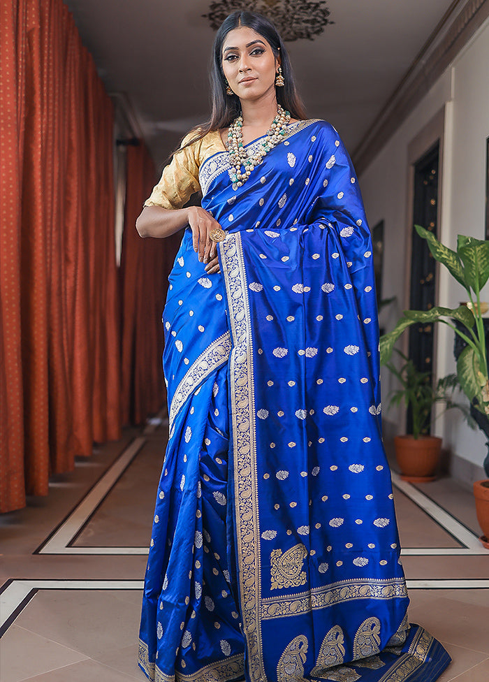 Blue Katan Pure Silk Saree With Blouse Piece