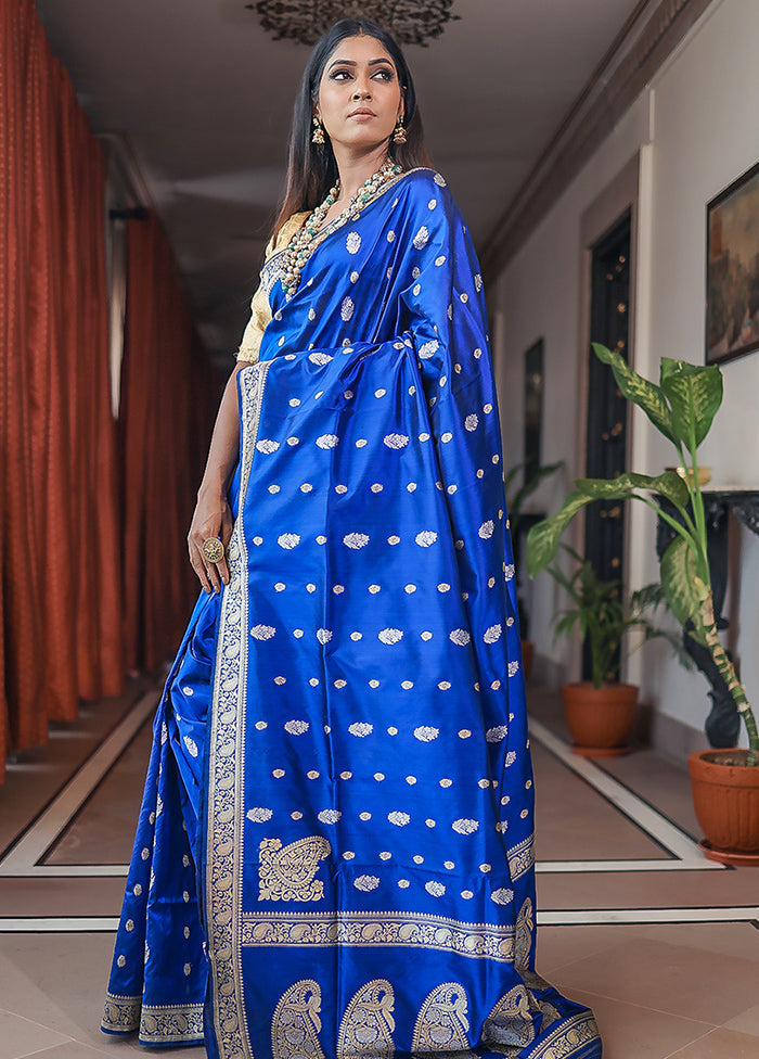 Blue Katan Pure Silk Saree With Blouse Piece