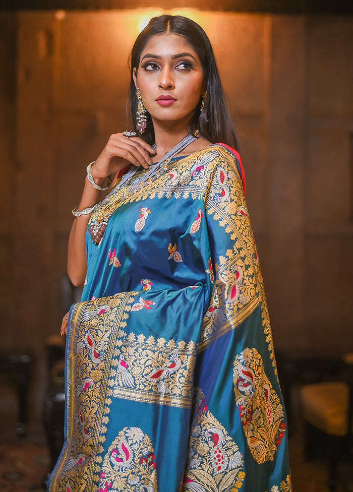 Teal Katan Pure Silk Saree With Blouse Piece