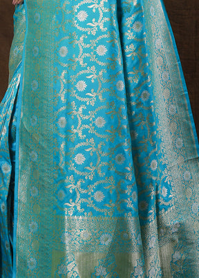 Sky Blue Katan Pure Silk Saree With Blouse Piece