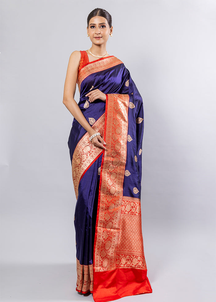 Blue Katan Pure Silk Saree With Blouse Piece