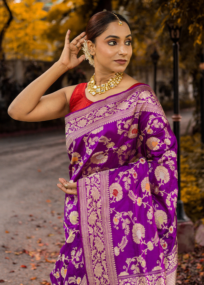 Purple Katan Pure Silk Saree With Blouse Piece