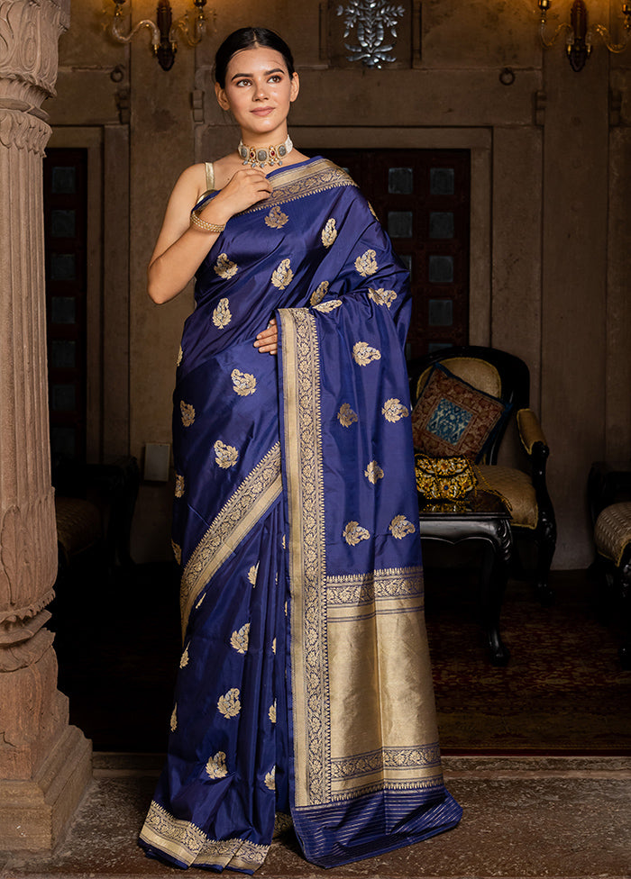 Blue Katan Pure Silk Saree With Blouse Piece