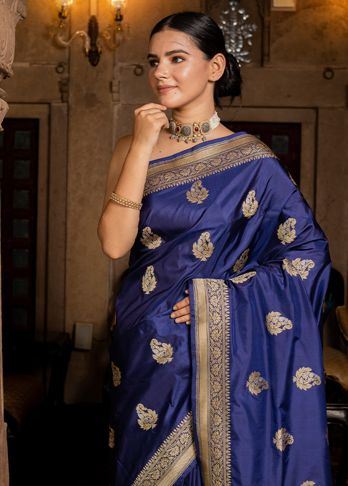 Blue Katan Pure Silk Saree With Blouse Piece