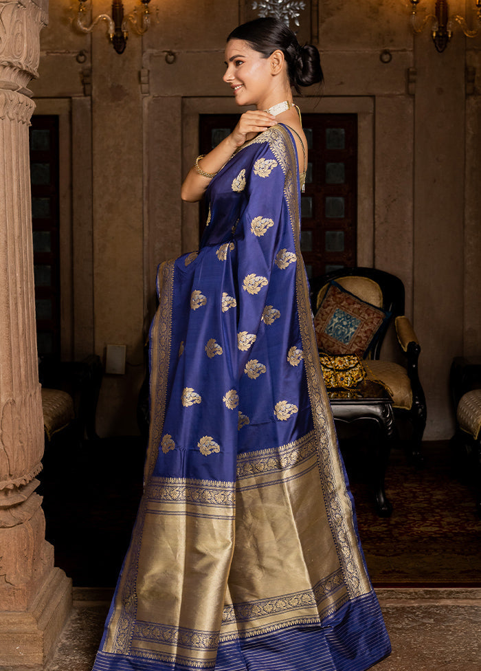 Blue Katan Pure Silk Saree With Blouse Piece