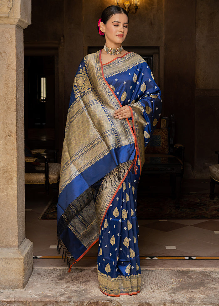 Blue Katan Pure Silk Saree With Blouse Piece