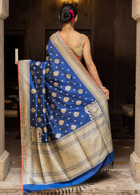 Blue Katan Pure Silk Saree With Blouse Piece