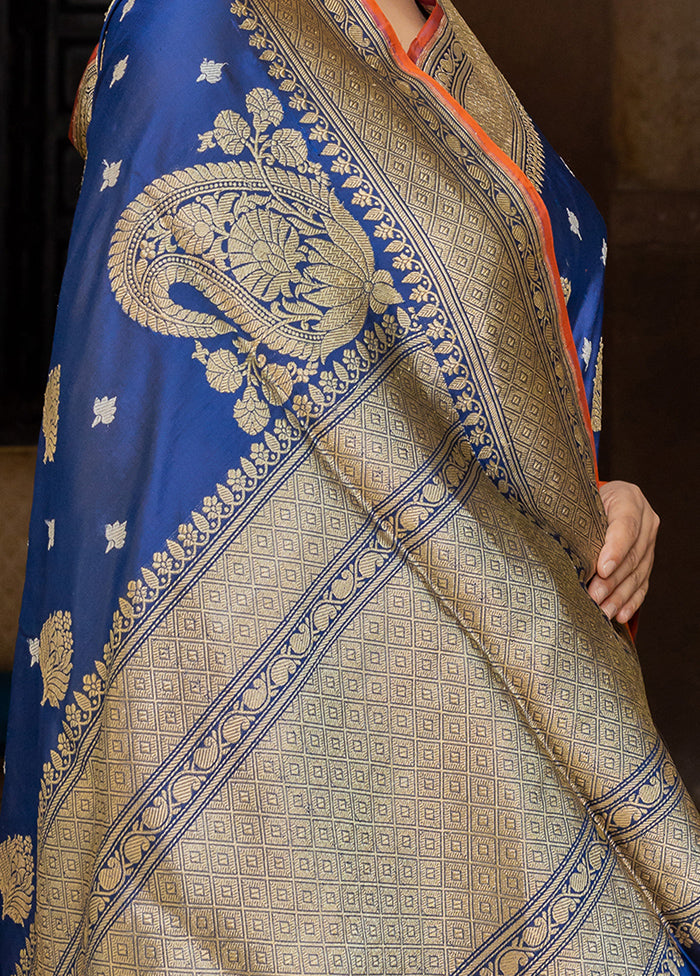 Blue Katan Pure Silk Saree With Blouse Piece