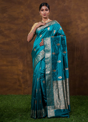 Blue Katan Pure Silk Saree With Blouse Piece