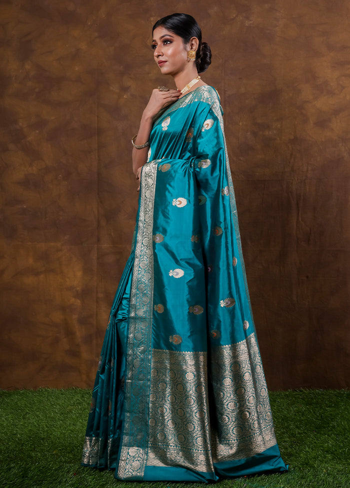 Blue Katan Pure Silk Saree With Blouse Piece