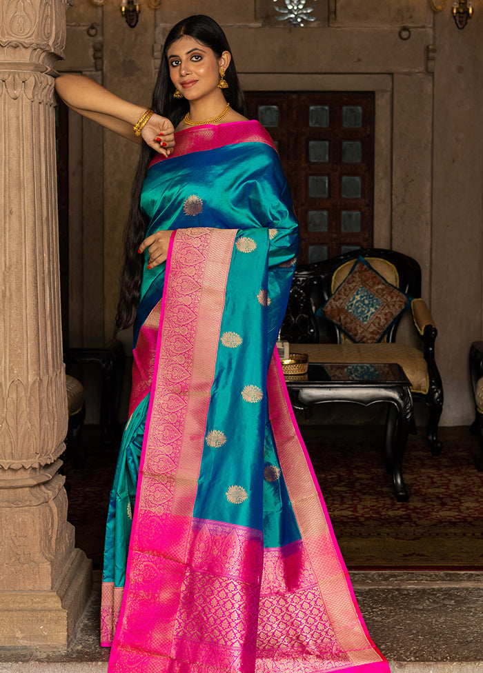 Teal Blue Katan Pure Silk Saree With Blouse Piece