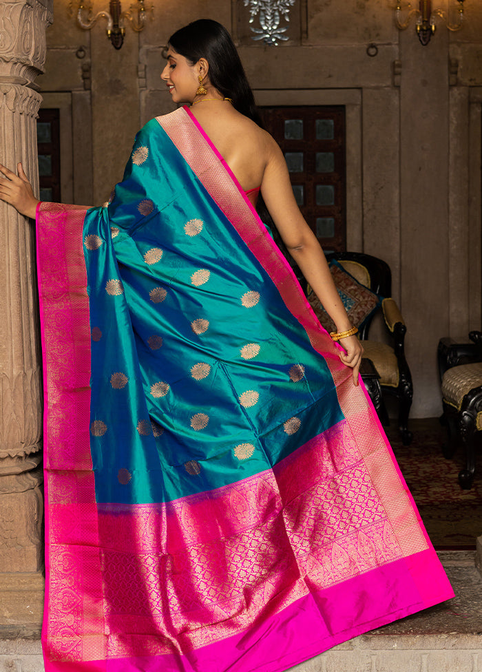 Teal Blue Katan Pure Silk Saree With Blouse Piece